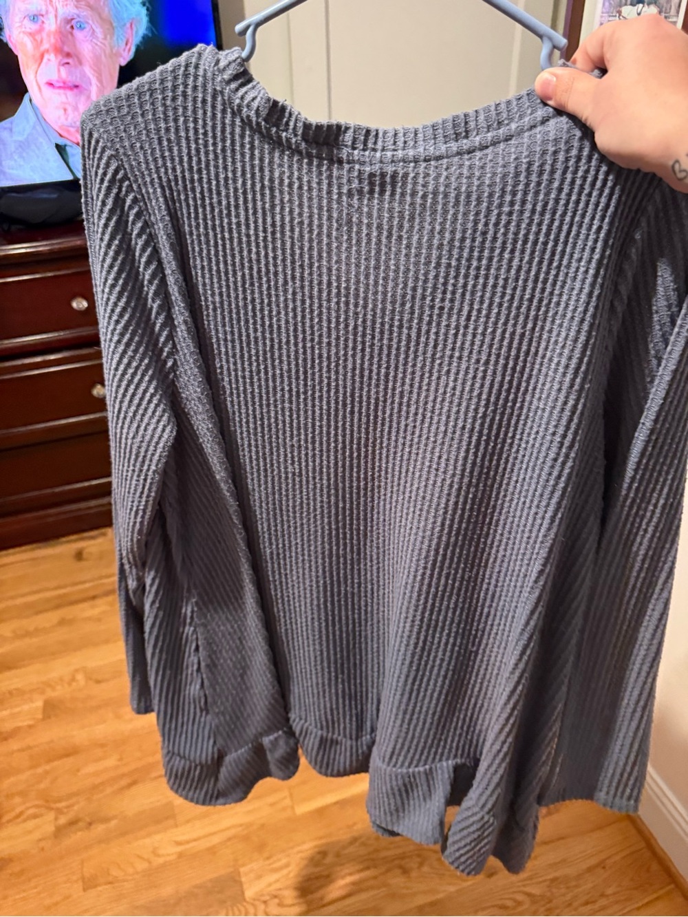 LOGO by Lori Goldstein Slate Blue V-Neck Ribbed Pullover - Picture 3 of 3